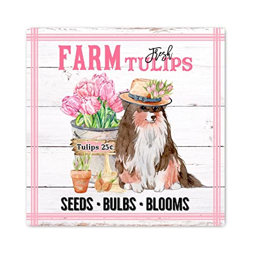 Panneau en bois teckel et tulipes déco murale maison style rétro