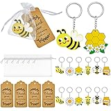 Taiyin Cute Bee Keychain Party Goodie Bag Gifts Favor Kit with Cute Bee Keychains White Organza Bags and Thank You Kraft Tags for Kids Bee Day Theme Birthday Party Supplies (24 Pcs)