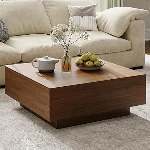 POVISON Mid Century Modern Coffee Table with Drawers, Square Coffee Table with Storage, 35.43" Wood Coffee Table for Living Room Table Walnut Coffee Table, Fully Assembled Cover