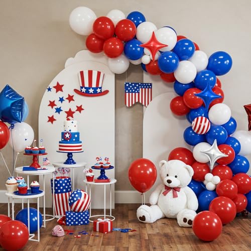 Image of Red White Blue Balloon Arch Kit, Patriotic Balloon Garland for 4th of July | Royal Blue Red White Balloons with Star Foil Balloon for 4th of July, Graduation, Birthday, Wedding, Nautical Baseball Party