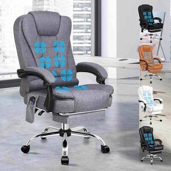 ALFORDSON Ergonomiczne krzesło biurowe, z funkcją masażu ciepła, lniane krzesło komputerowe z wyściełanymi podłokietnikami i miękkim zagłówkiem, krzesło obrotowe z kółkami, szare