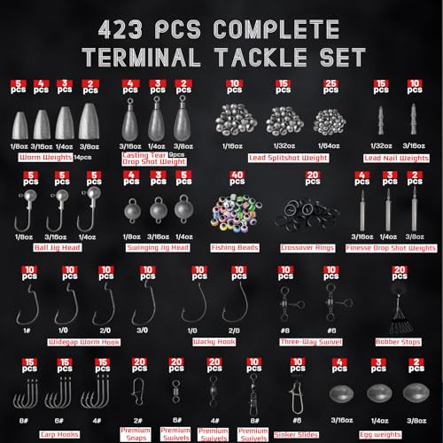 Vipfish Fishing Accessories Kit, 264/423PCS Fishing Tackle Box with Hooks, Weights, Sinkers for Bass Trout, Gifts for Men,Kids