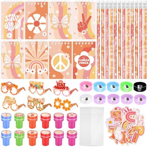 Honoson 122 Pcs Groovy Party Favors Retro Hippie Birthday Gifts Set Supplies Boho Notepad Pencil Stamp Sharpener Glasses Sticker Bags for Kids Classroom Baby Shower Prizes Rewards Supplies