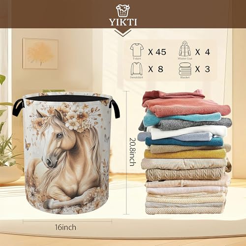 Image of Horse Laundry Basket,Gold Flower Butterfly Clothes Hamper,Oxford Cloth Collapsible Nursery Hamper Storage Organization for Bedroom,Bathroom,Office,College Dorms,16x20 Inch