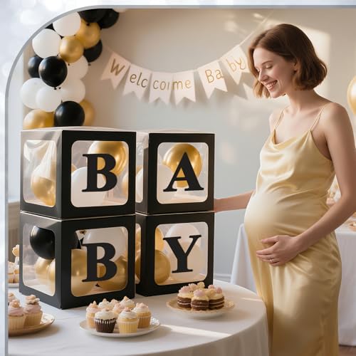 Image of Ledido Baby Boxes with Letters for Baby Shower Decorations with 38 Balloons, 4 pcs Clear Baby Balloon Boxes Blocks for Baby Shower Decor Boy Girl Gender Reveal Decorations Backdrop Party (Black)