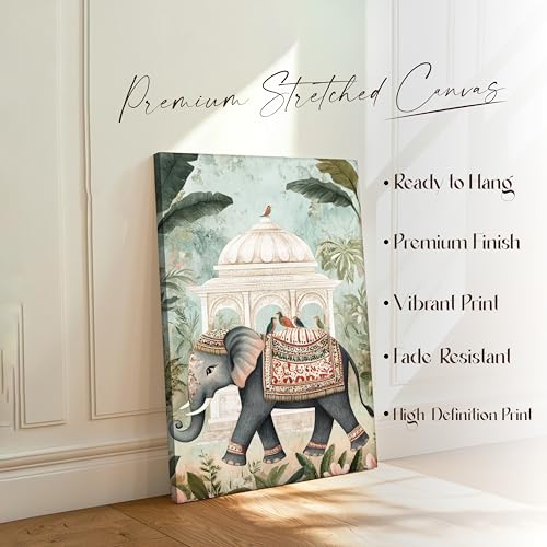 Image of PAINTINGMANTRA Abstract Stretched Canvas Multicolor Wall Art Painting Elephant and Mughal Garden Classic Indian Beautiful Wall Decor in Green, Blue and White for Living Room, Bedroom - 22x34 Inch