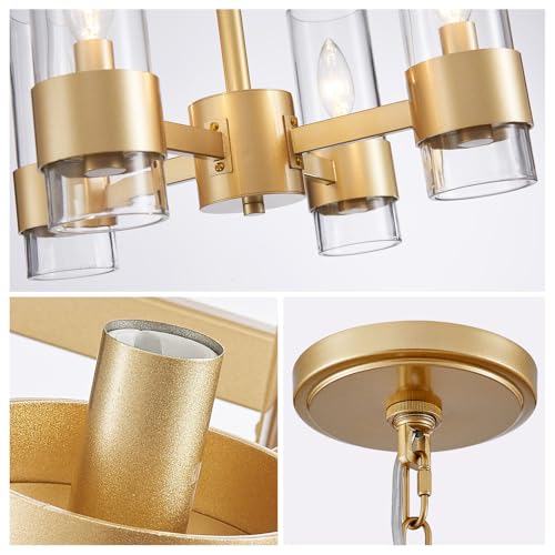 Image of WUZUPS Industrial Chandelier 4-Light with Clear Glass Modern Farmhouse Round Light Fixture for Dining Room Kithen Island Foyer, Width 16.9 inch Height 12.2 inch, Gold