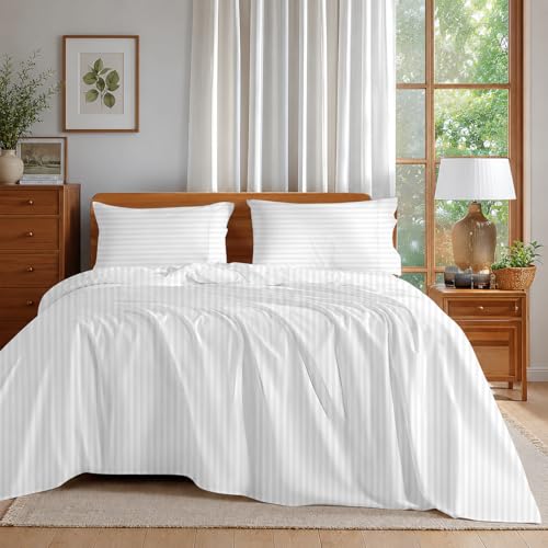 Image of Bedsheets for Single - 60X90 Inch Bed - Microfiber Plain Stripe White Bed Sheet Include Pillow Cover, Ultra Soft | for Home, Hotel, Villa, Resort and Guest House