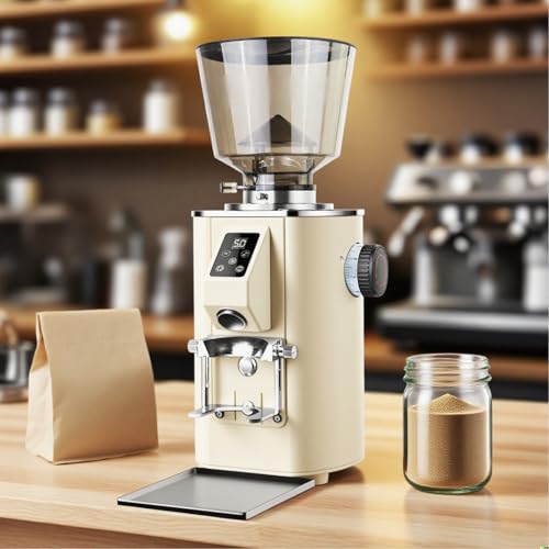 aromaoveite Molinillo De Café Comercial K64s | Molinillo De Espresso con 9 Niveles De Molienda Ajustables, Botón Led Y Tolva Extraíble De 450 G para Cafeterías, Restaurantes Y Cursos De Café Beige