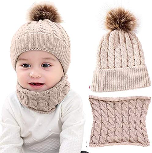 Krystle 2Pcs Beige Warm Kids (1-5 yr) Baby Hats Infant Toddler Girl Boy Beanie Cap Warm Baby Hat with pom pom+ Knitted Scarf Set Earflap Caps for Unisex Baby Boys and Baby Girls