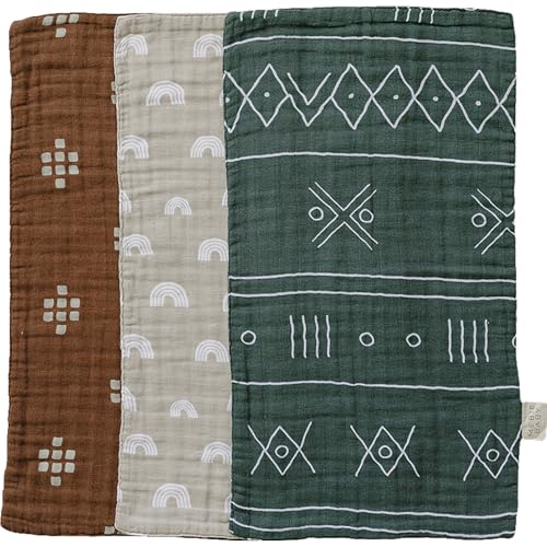 Image of Mebie Baby Burp Cloths, Printed 3-Pack, Muslin Burp Cloth Set for Spit Up, Drool, and More, Boho Burp Cloths for Baby Boy and Girl, Baby Must Haves for Registry Lists and Gifts for Newborns