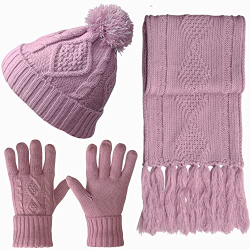 Winter Hat Gloves Scarf Set Women, Beanie with Pom Touchscreen Gloves Warm Knit Long Scarf 3 in 1 Set Gift for Women2