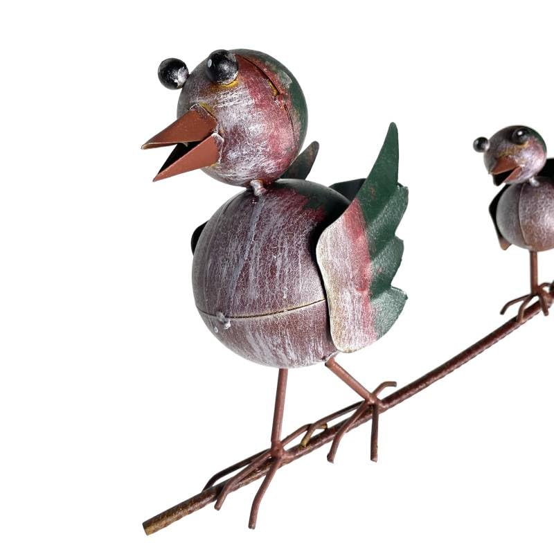 Tuteur Tige pour Plantes Motifs Oiseaux Mobile de Jardin Rotatif à Planter en Métal Patiné Coloré et Verre 9x71x163,5cm