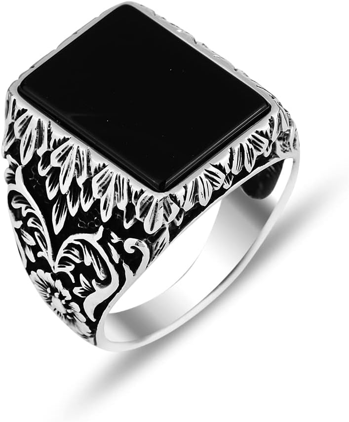Mens Black Onyx Ring, Square Silver Onyx Ring, Ottoman Embroidered Men's Ring, Silver Anniversary Ring, 925k Sterling Silver Ring