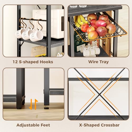 Image of SUPERJARE Large Bakers Rack with Power Outlets, 6-Tier Microwave Stand, Coffee Bar with 12 S-Shaped Hooks, Kitchen Shelf with Wire Basket, 39.4 x 14.6 x 66.9 Inches, Charcoal Gray