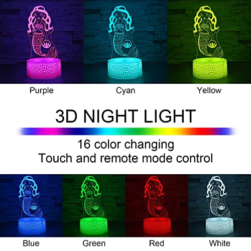 Image of i-CHONY Mermaid Gifts Night Light for Girls,3D Illusion Lamp with Remote & Smart Touch 16 Colors Dimmable Bedroom Decorations Bedside Lamp,Mermaid Toys for Kids Girls Teens Birthday Gift