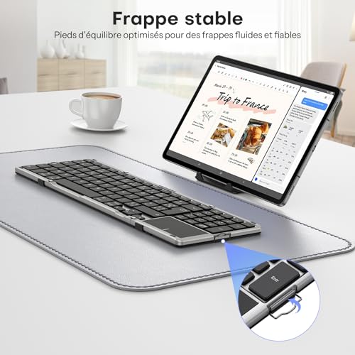 Clavier Bluetooth AZERTY pliable portable avec pavé tactile pour tablette Windows et Mac