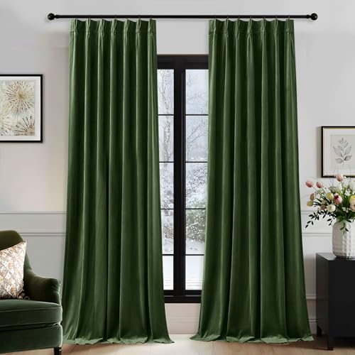 Olive Green Pinch Pleated Velvet Blackout Curtains 84 inches Long 2 Panels Set,Forest Green Luxury Elegant Drapes for Bedroom Living Room,Thermal Insulated Back Tab Window Panels,W40 x L84,Home Decor