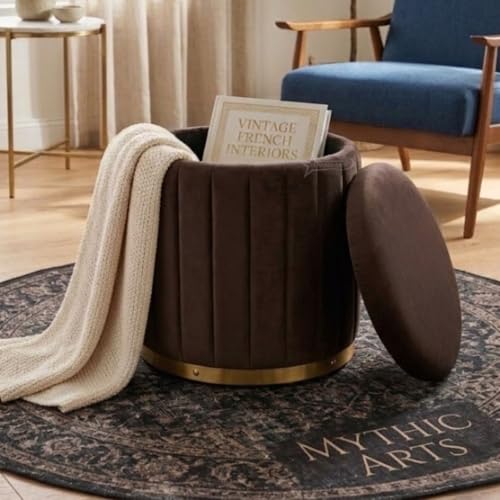 Image of Superior Round Storage Ottoman Stool 16 X 16X 19 inch, with Gold Metal Base | Elegant Pouffe with Secret Storage | Cushioned Footrest for Living Room, Bedroom, and Lounge Brown