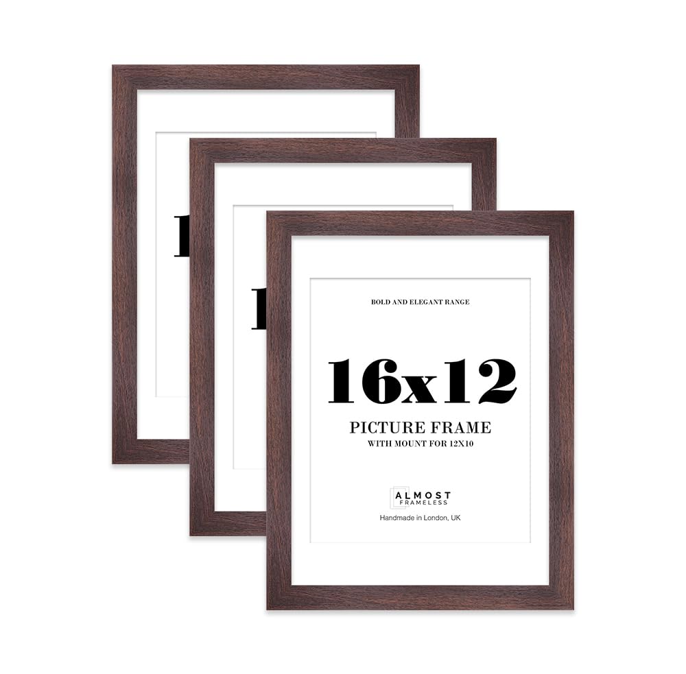 16x12" Walnut Frame With Mount for 12x10" Pictures 28mm Edge Portrait and Landscape Display with Wall Hooks, 3 Pack