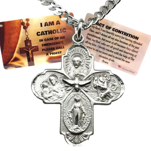 Westmon Works Four Way Medal Set Pewter Scapular Cross on a Stainless Steel Chain with Laminated I Am Catholic Call A Priest Card