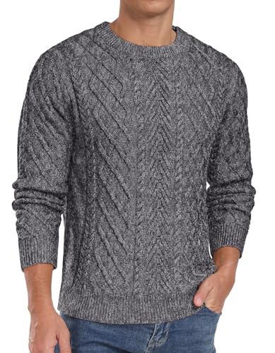 QIXING Herren Pullover Zopfmuster Rundhals Langarm Dicker Strickpullover Fischermuster Strukturiert Weich Gestrickt Lässiger Pulli(VG Dunkelgrau, L)