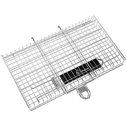 WolfWise Portable Grilling Basket BBQ Barbecue Tool Work for Fish Vegetable Steak Meat Shrimp Chops, Made of Durable 430 Stainless Steel, Large