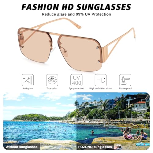 Retro Trendy Aviator Sunglasses Womens Mens Large Oversized Square Sun Glasses Metal Rimless Frame Shades FZN9043