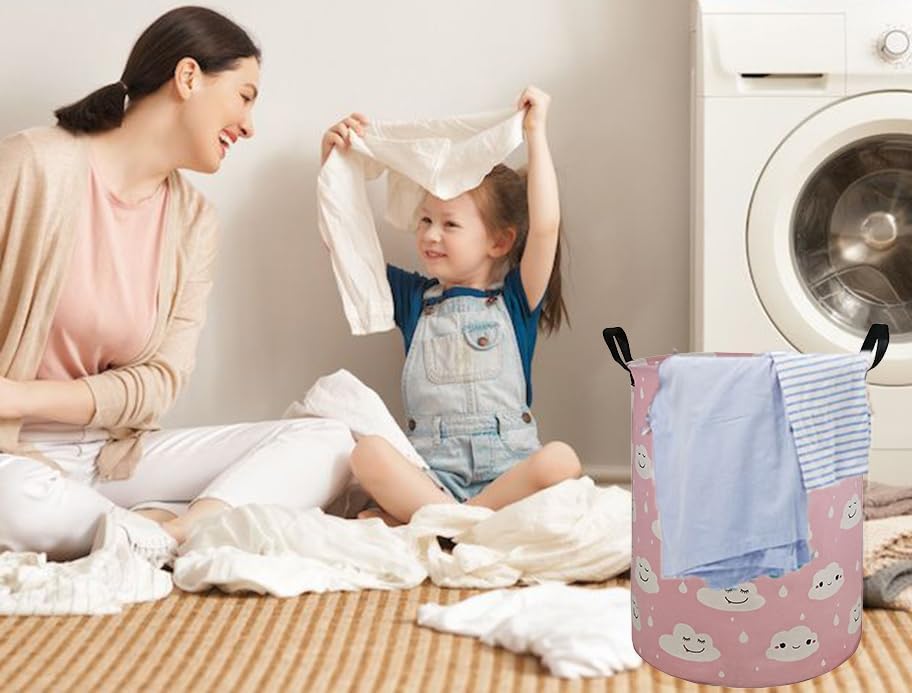 Miniatura 4 de Canasto grande de 19.7pulgadas para ropa, resistente al agua, redondo, de lino y algodón, plegable, con asas, para la habitación de los niños y