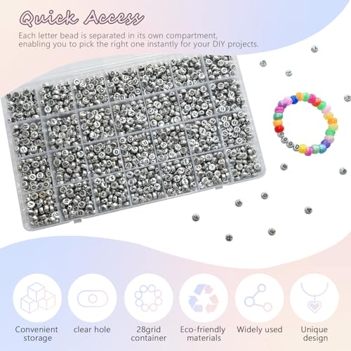 Image of Looconi 1400pcs Letter Beads Silver 7x4mm Black on Silver for Jewelry Making Bracelet Hair Braids Crafts