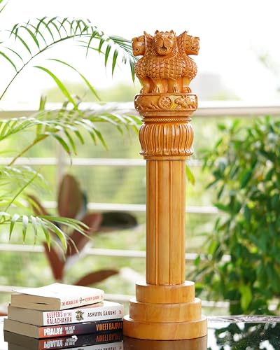 Image of Ashok Stambh Hand-Carved Wooden Sculpture - 8 Inches | Wooden Ashoka Stambh Desk Ashoka Pillar Ideal for Table Office & Home Decor Showpiece Best for Gifting Purpose - 8 Inches