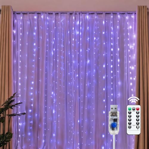 Image of Brightown 300 LED Fairy Curtain Lights, 9.8ft x 9.8ft Curtain String Lights | Purple USB Plug in 8 Lighting Modes Halloween String Hanging Lights with Remote for Bedroom Indoor Outdoor Party Xmas