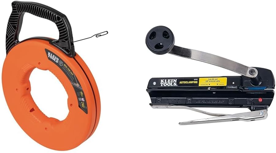 Klein Tools 240-Foot Steel Fish Tape and Armored Cable Cutter Bundle - 56334 Puller with Double Loop Tip and 53725 Cutter for BX/AC/MC Cable up to 3/8-Inch