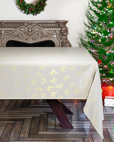 Emma Barclay Reindeer - Metallic Woven Jacquard Chrismas Table Cloth in Cream Gold - 60x84 (152x213cm)