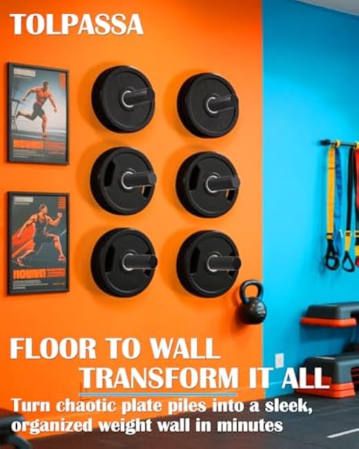 Weight Plate Holder - 330LB Capacity Wall Mounted Weight Plate Rack for 2 Olympic Plates, Weight Plate Storage with Protective Rubber Pads, Heavy Duty Steel, Space Saving Home Gym Storage