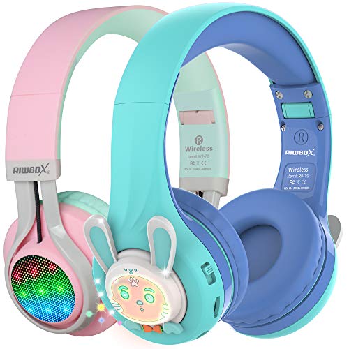 Riwbox WT-7S&RB-7S Kids Headphones Wireless, Bundle 2 Packs Foldable Stereo Bluetooth Headset with Mic and Volume Limited for PC/Laptop/Tablet/iPad (Pink&Blue)