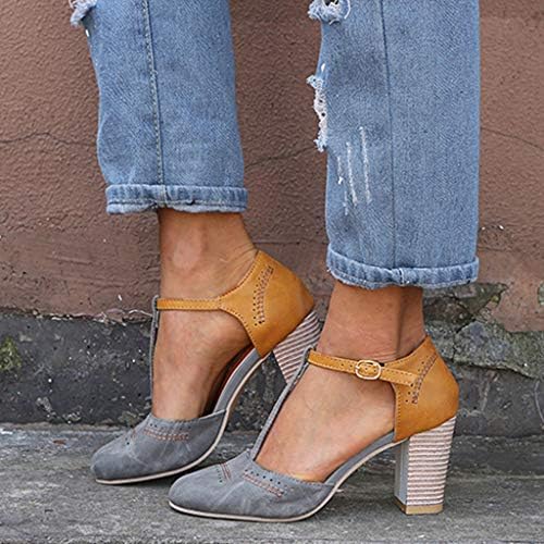 MTHDD Damen TStrap Pumps Blockabsatz mit Riemchen Geschlossen Spangenpumps Runde Zehe Breiter