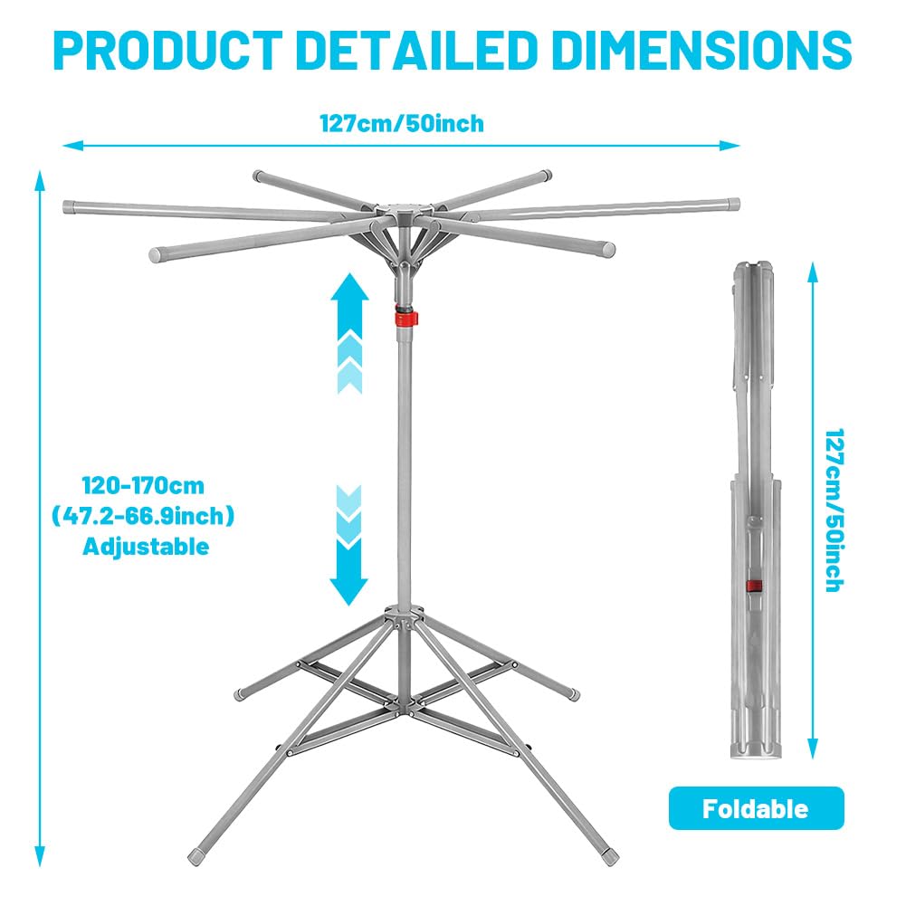 Tendedero de Ropa 6 Brazos Extensible y Plegable, Base Triangular Antideslizante, Altura Ajustable 120-170 cm para Interior y Exterior, Secadora Compacta de Viaje