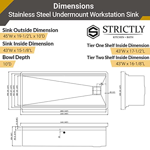 Strictly Sinks 45” Black Workstation Sink - Premium Quality 16 Gauge Stainless Steel Sink - 2-Tier Undermount Kitchen Sink With Single Disposal Flange (Copper) #TOP6