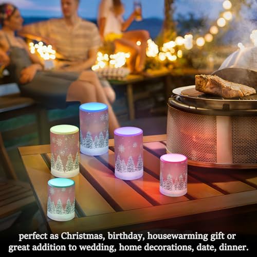 Image of Christmas Lights Flameless Candles Christmas Trees Snowflakes Print Pillar Candles Set of 2 Battery Operated Remote Control Warm Lights Home Decor