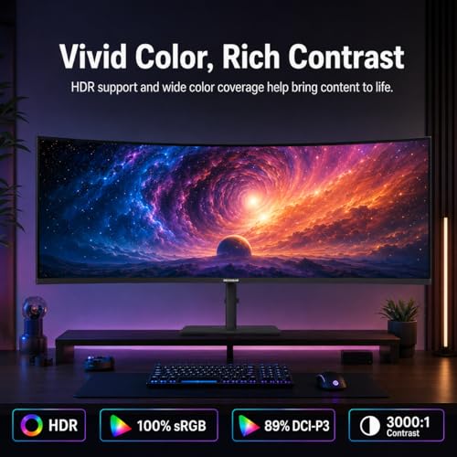Image of Deco Gear 49 Inch Curved Monitor, 3840x1080 Ultrawide Gaming WDFHD Screen, 144Hz, 32:9, 3ms, 3000:1 VA Display, HDR400, Adaptive Sync, USB-C 65W, HDMI, PIP /PBP, KVM, 1800R, Office & Workstation Setup