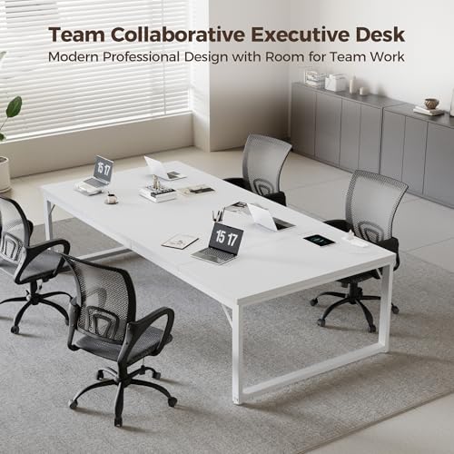 Image of Mericonia 63 Inch Computer Desk with Power Outlets, 1.2 inch Thick Office Table | Modern Simple Style, Heavy Duty Industrial Frame, Large Study & Writing Table for Home Bedroom Work, White