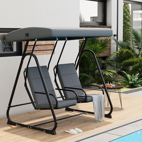 GarveeLife 2 Person Porch Swing Chair, Heavy Duty Outdoor Patio Swing Glider with Adjustable Canopy & Removable Cushions, Independent Swing Chairs for