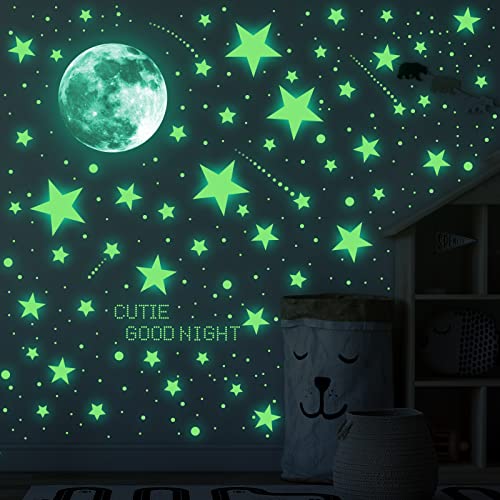 ECHOCUBE 637 Luminoso Pegatinas de Pared Luna Estrellas Puntos Pegatinas de Pared para Niños Infantil Fluorescente Adhesivos Decoración para Dormitorio, Brillan en la Oscuridad