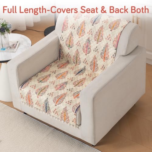 Image of HOKIPO Royal Kalamkari Quilted Sofa Cover for 1 Seater with Tassels for Seat & Back, 'Tassel Twigs' Series (IN-989-T2)