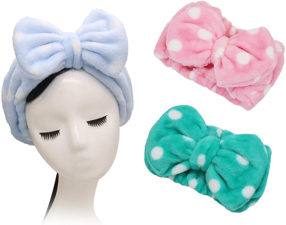 Shintop 3 Pack Makeup Headband - Lovely Soft Fleece Elastic Hair Band for Spa Shower Mask and Washing Face (Pink Polka Dots, Pink+Light Blue+Green)