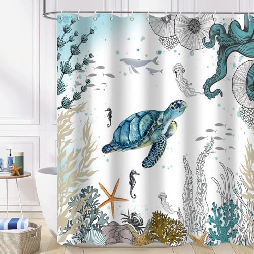GCIREC Duschvorhang, 180x200cm, Teal Blue Nautical Coastal Beach Themed Ocean Sea Turtles Octopus Wasserdicht Stoff Bad Vorhang Maschine waschbar mit Haken