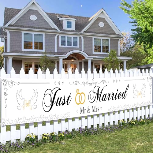 Decoration Banderole Blanc Just Married - Décoration Bannière Rétro et Rustique pour Banquet Proposition, Mariage Fête Prénuptiale Fiançailles...