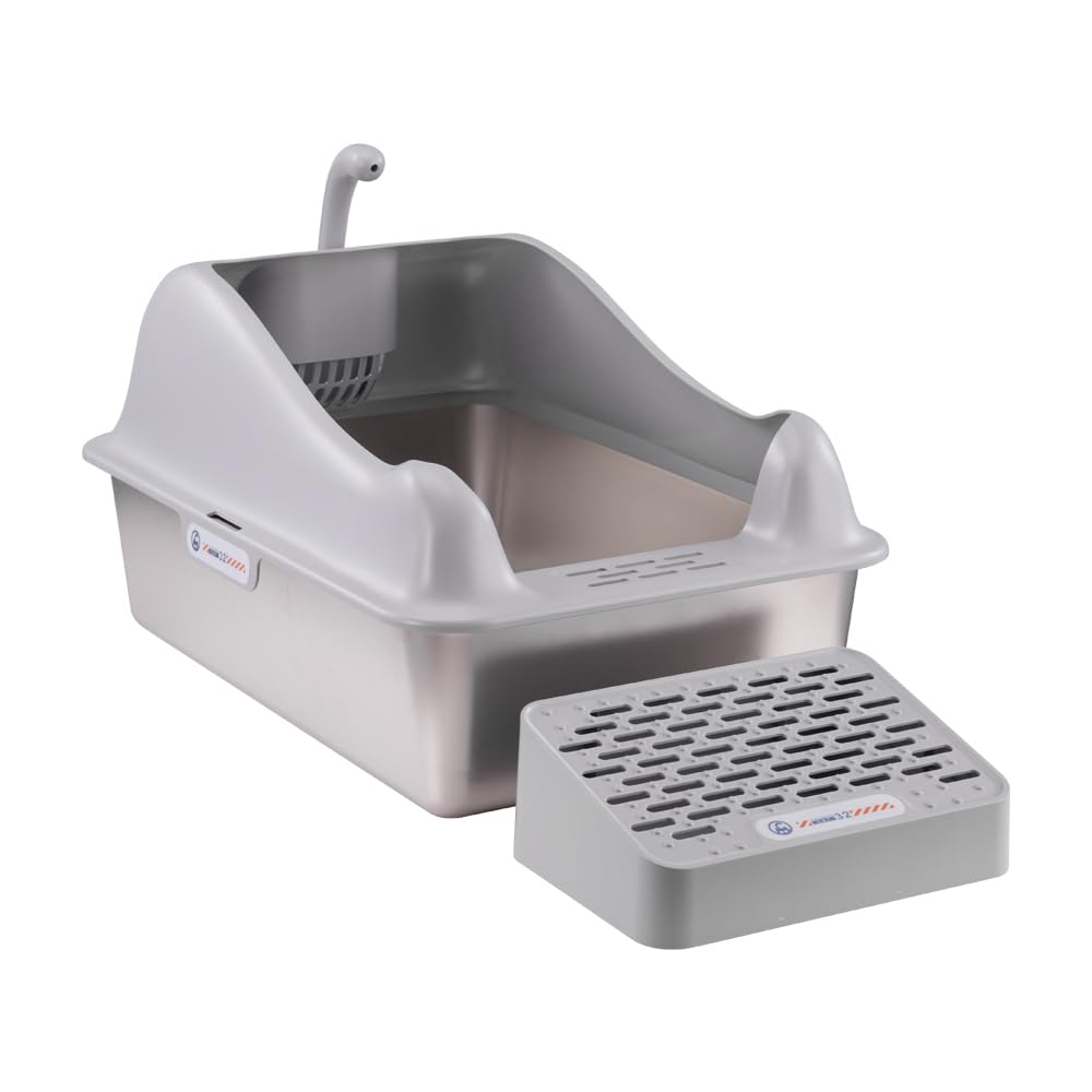 The Fellie XL Stainless Steel Cat Litter Box with Mat&Scoop, High Sided Non-slip Cat Litter Tray, Anti-Urine Leakage, Never Absorbs Odors, Grey, 60x40x31cm
