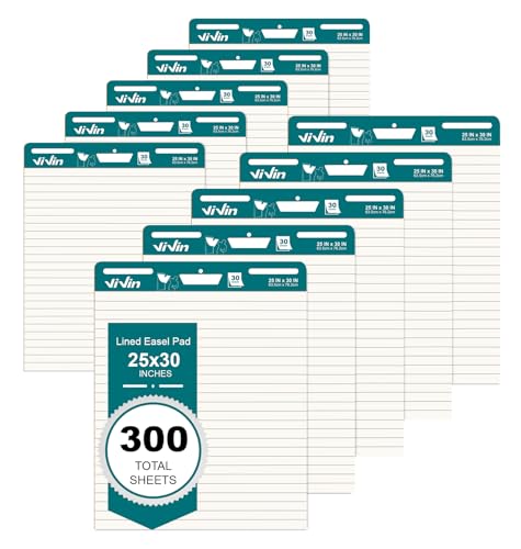 ViVin Lined Sticky Easel Pad, 25 x 30 Inches Flip Chart Paper for Teachers and Students, Large Self Stick Easel Paper, Teacher Anchor Chart, 30 Sheets/Pad, 10 Pads/Pack